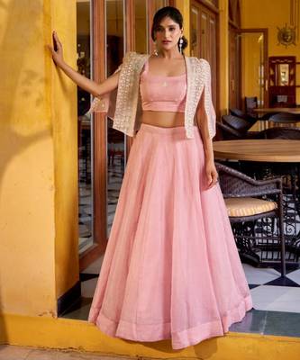 pink silk blend plain lehenga choli with free size upto 42 2
