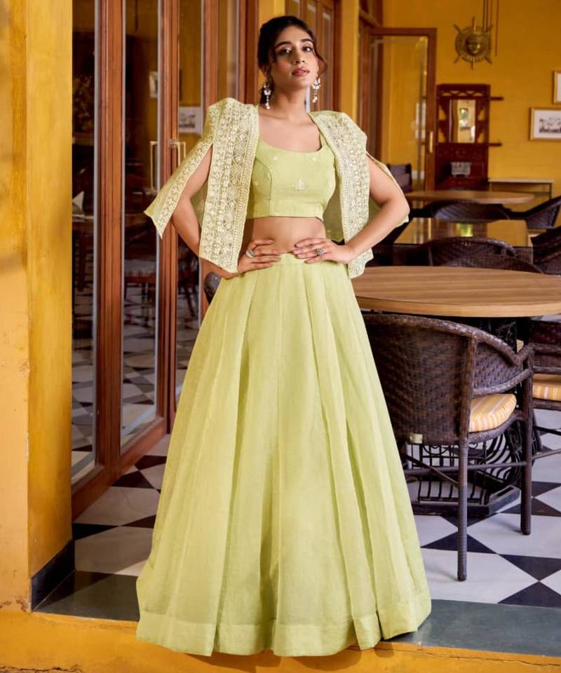 light green silk blend plain lehenga choli