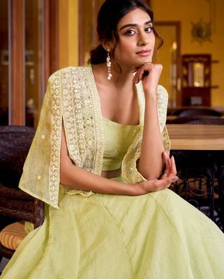light green silk blend plain lehenga choli with free size upto 42 2