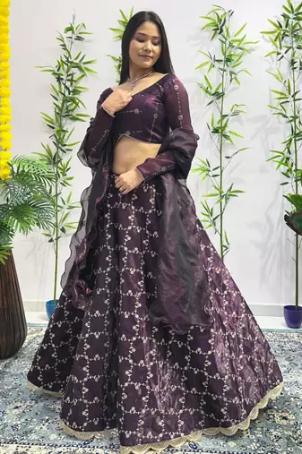 wine silk blend embroidered lehenga choli