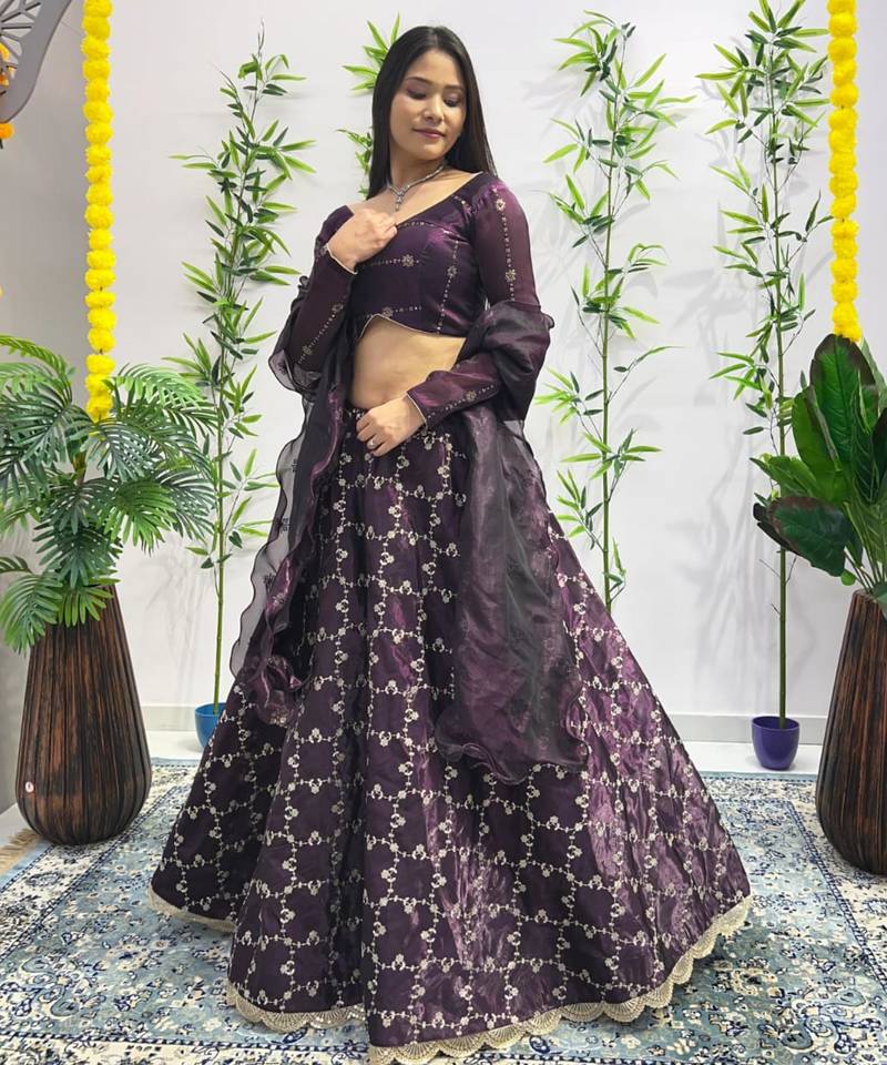 wine silk blend embroidered lehenga choli