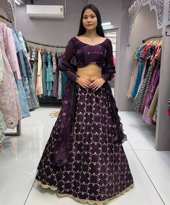 wine sequin work silk lehenga choli 2