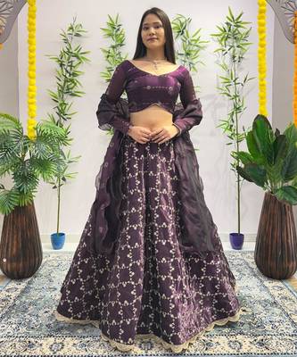 wine sequin work silk lehenga choli 3