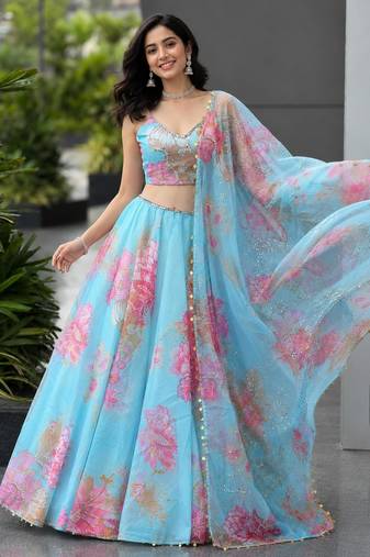 sky blue organza printed lehenga choli