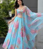 sky blue organza printed lehenga choli