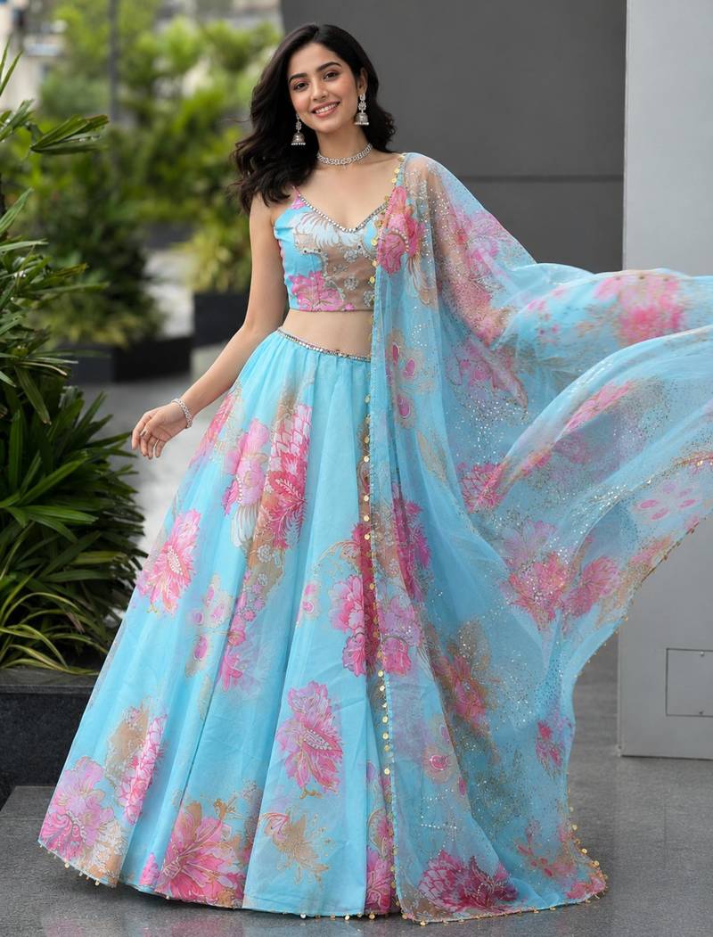 sky blue organza printed lehenga choli