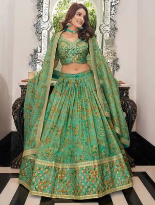 green organza printed lehenga choli 1