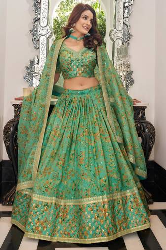 green organza printed lehenga choli