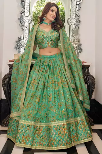 green organza printed lehenga choli