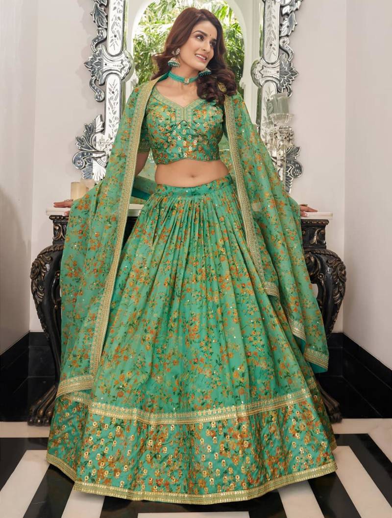 green organza printed lehenga choli