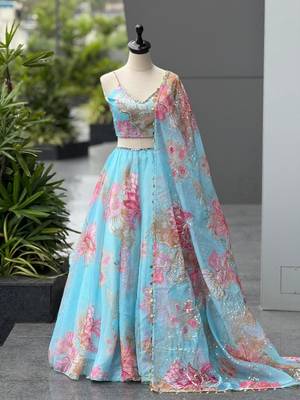 sky blue organza printed lehenga choli with free size upto 42 2