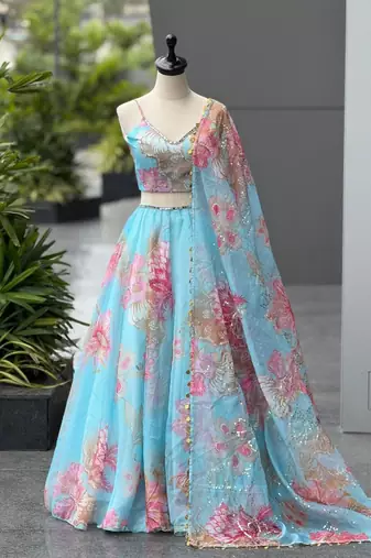 sky blue organza printed lehenga choli