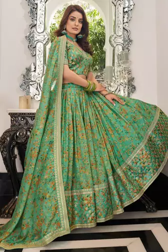 green organza printed lehenga choli