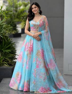 sky blue organza printed lehenga choli with free size upto 42 3
