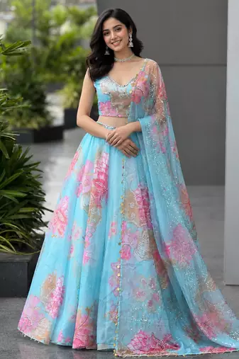 sky blue organza printed lehenga choli