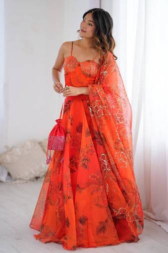orange organza embroidered lehenga choli