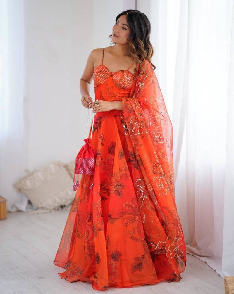 orange organza embroidered lehenga choli