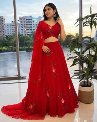 red georgette printed lehenga choli with free size upto 42 1