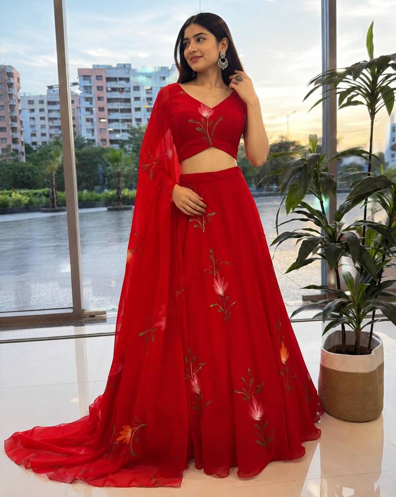 red georgette printed lehenga choli