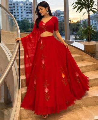 red georgette printed lehenga choli with free size upto 42 2