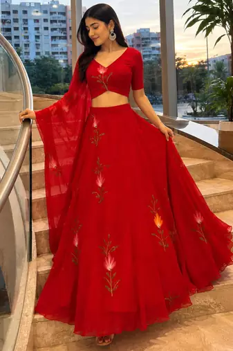 red georgette printed lehenga choli