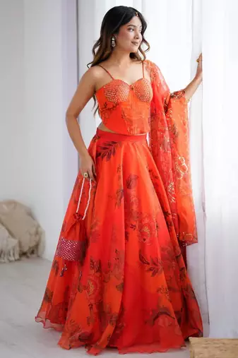 orange organza embroidered lehenga choli