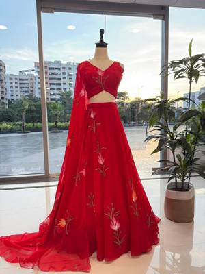 red georgette printed lehenga choli with free size upto 42 3