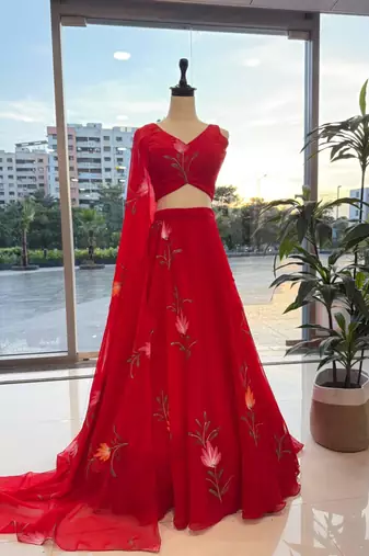 red georgette printed lehenga choli