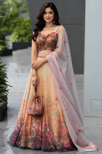 beige organza printed lehenga choli