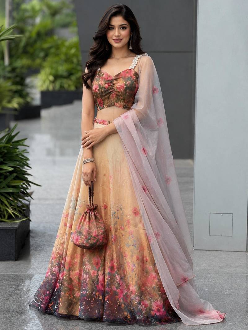 beige organza printed lehenga choli