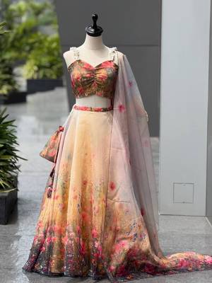 beige organza printed lehenga choli with free size upto 42 2