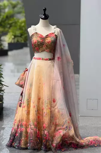 beige organza printed lehenga choli