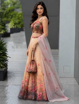 beige organza printed lehenga choli with free size upto 42 3