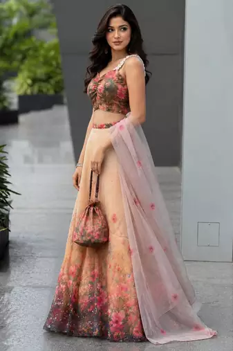 beige organza printed lehenga choli