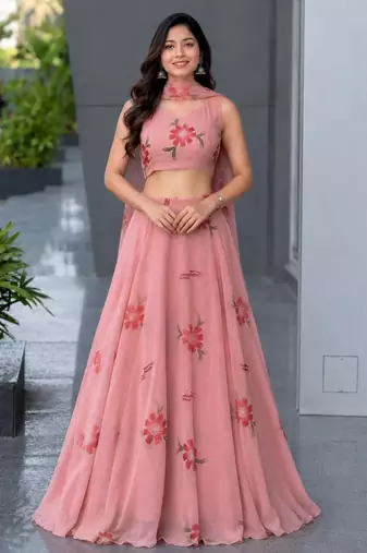 pink georgette printed lehenga choli