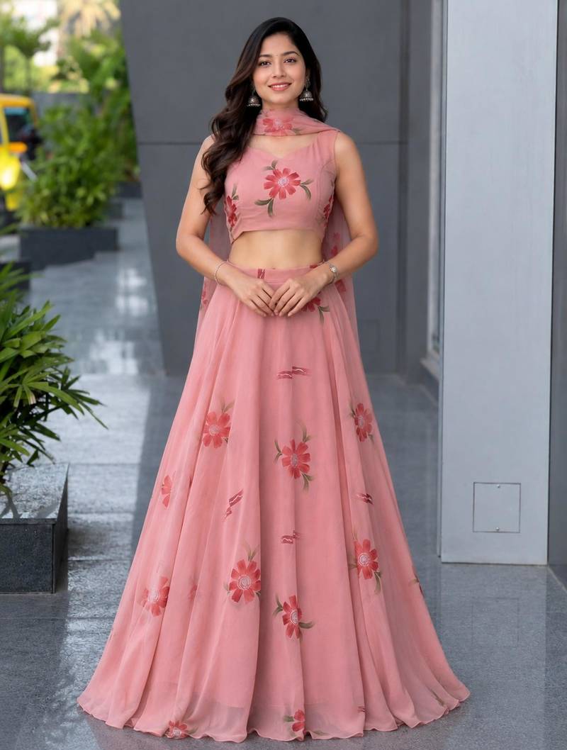 pink georgette printed lehenga choli