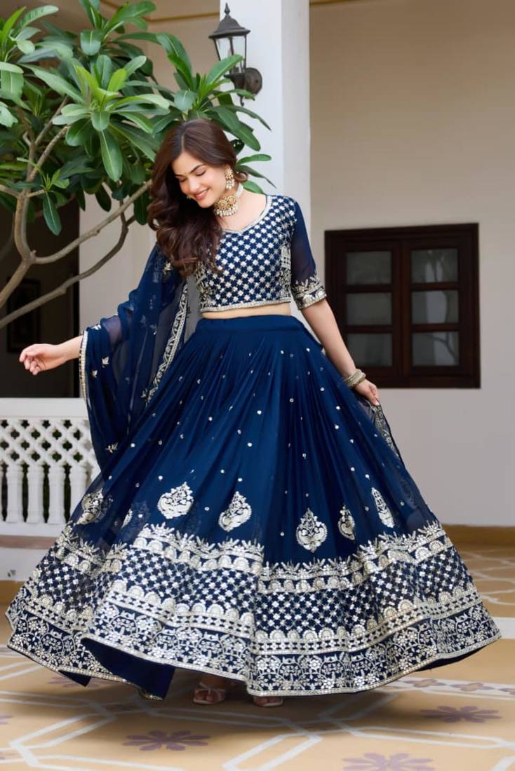 royal blue georgette embroidered lehenga choli