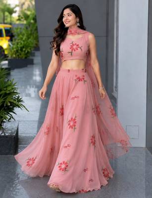 pink georgette printed lehenga choli with free size upto 42 2