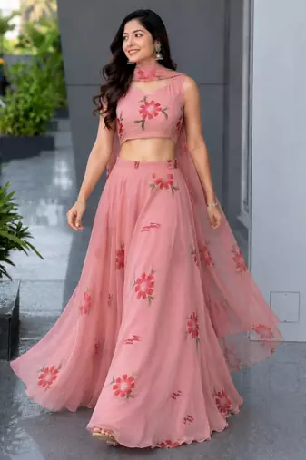 pink georgette printed lehenga choli