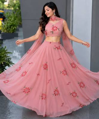 pink georgette printed lehenga choli with free size upto 42 3