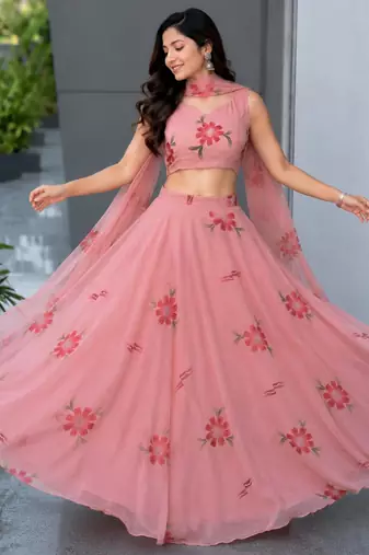 pink georgette printed lehenga choli