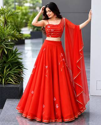 red georgette printed lehenga choli with free size upto 42 1