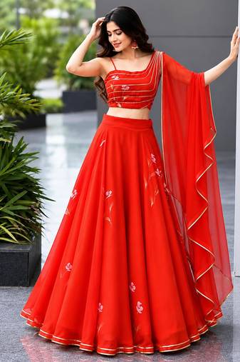 red georgette printed lehenga choli