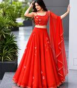 red georgette printed lehenga choli