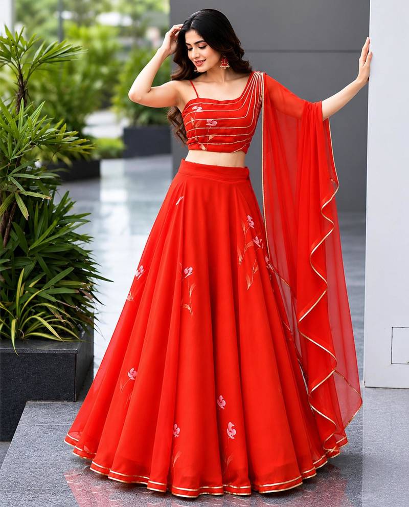 red georgette printed lehenga choli