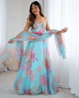 sky blue organza embroidered lehenga choli with free size upto 42 1