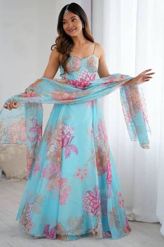 sky blue organza embroidered lehenga choli