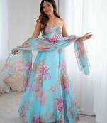 sky blue organza embroidered lehenga choli