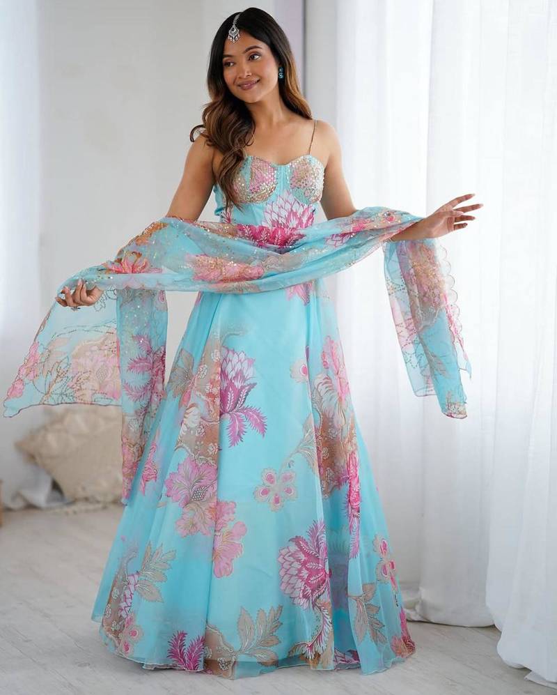 sky blue organza embroidered lehenga choli