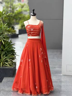 red georgette printed lehenga choli with free size upto 42 2